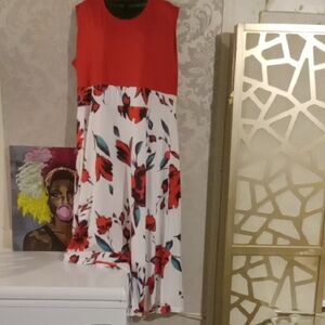 Red and White Sleeveless Maxi Dress for Wedding Guest